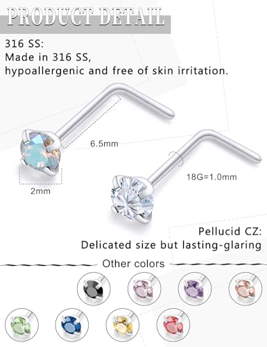 18G 20G 22G Round Cubic Zirconia Nose Rings Studs for Women Men 316L Stainless Surgical Steel Nose Ring Stud Piercing Jewelry Silver Clear CZ 1.5mm 2mm 3mm - style: 18G L Shaped Silver CZ 2mm