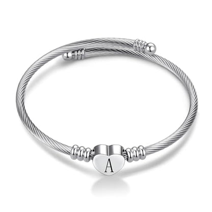 Women Initial Heart A-Z Letter Cuff Bracelet Personalized Name Expandable Wristband Bangle Bracelets Stainless Steel Birthday Jewelry - style: A-letter