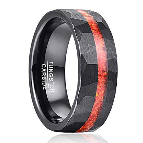 NUNCAD 8mm Tungsten Rings for Men Black Hammered Wedding Bands Red Opal Inlaid Tungsten Ring Polished Edge Comfort Fit Men Women Size 7-12