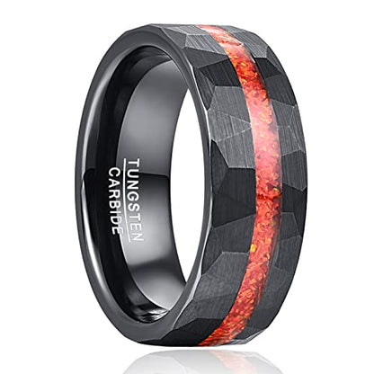 NUNCAD 8mm Tungsten Rings for Men Black Hammered Wedding Bands Red Opal Inlaid Tungsten Ring Polished Edge Comfort Fit Men Women Size 7-12
