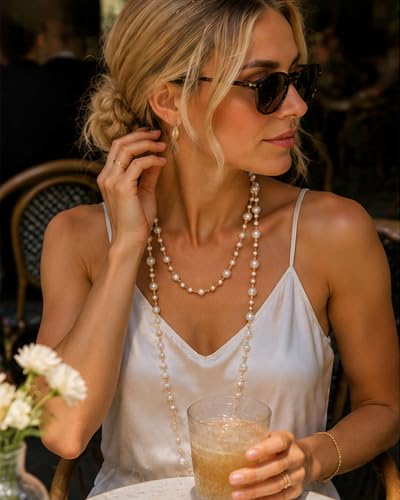 Chunky Long Layered Pearl Chain Necklaces for Women | Elegant Statement Pearl Choker,Chunky Bead, Wedding Bridal 1920s Christmas Costume Accessories, Summer Jewelry Gifts