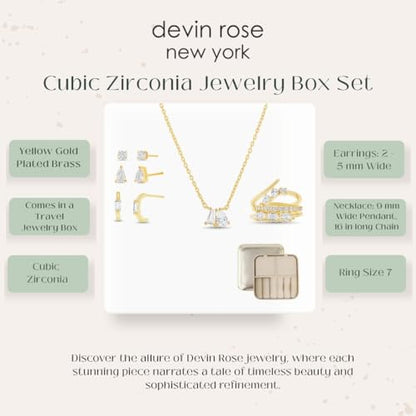 Devin Rose 7 Pcs Cubic Zirconia Trend Necklace Stack Ring Stud Earring Set for Women in Metallic Travel Case Organizer Gift Jewelry Box with Lid