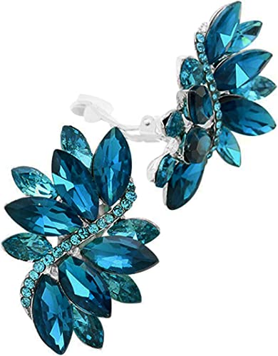 Rosemarie Collections Women's Dazzling Crystal Marquis Leaf Cluster Statement Clip On Earrings, 1.87" - style: Aqua Blue Crystal Silver Tone