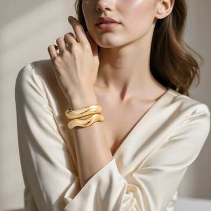 Emibele Gold Bangles for Women, 2PCS Irregular Chunky Gold Bracelet Hinged Open Bangle Bracelets for Women, Fashion Wide Arm Cuff Minimalist Chunky Jewelry Gifts for Valentine Christmas Birthday - style: F Gold
