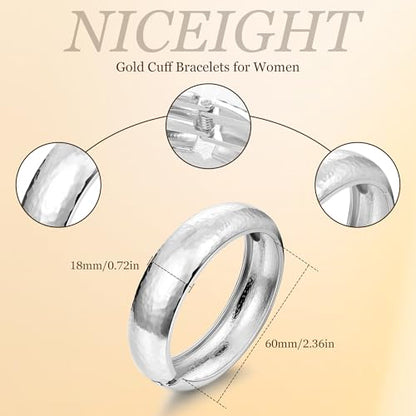NICEIGHT 18K Gold Plated Chunky Bangle Bracelets for Women Gold Wide Cuff Bangle Bracelet Hammered Minimalist Thick Gold Wrist Wrap Bracelets - color: Silver Thin Hammered Bracelet