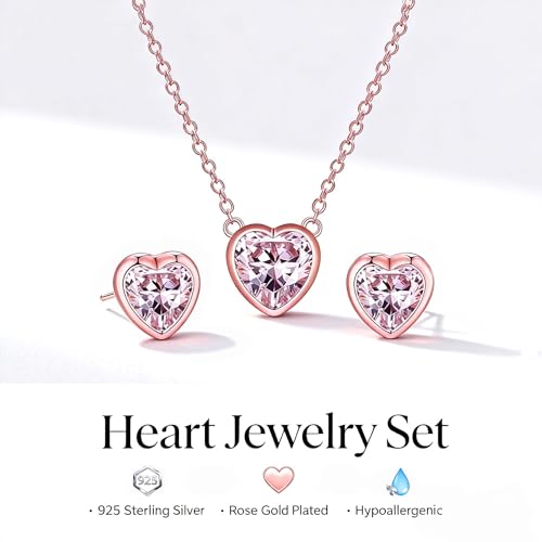 925 Sterling Silver Cubic Zirconia Necklace and Earrings Set for Women, Heart, Cushion, Round, Emerald Cut CZ, Solitaire Bezel Jewelry Set, CZ Bridal Jewelry Set, Bridesmaid Gift - style: Heart Cut(Rose Gold)