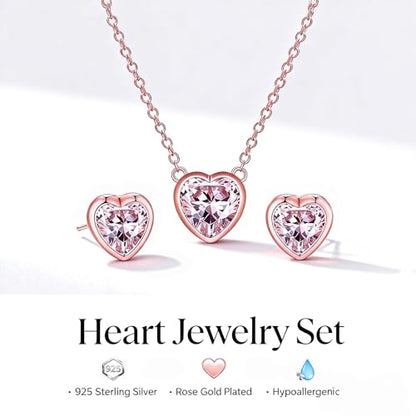 925 Sterling Silver Cubic Zirconia Necklace and Earrings Set for Women, Heart, Cushion, Round, Emerald Cut CZ, Solitaire Bezel Jewelry Set, CZ Bridal Jewelry Set, Bridesmaid Gift - style: Heart Cut(Rose Gold)