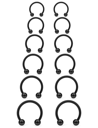 Hoeudjo 16G Septum Rings Stainless Steel Horseshoe Hoop Ring Lip Rings Hoop Smiley Piercing Jewelry for Women Men Diameter 6mm 8mm 10mm 12mm 14mm 16mm - color: black