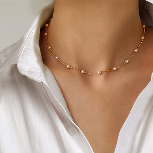 Faux Pearl Necklace for Women Dainty Pearl Choker Necklace 14K Gold Plated Pearl Chain Necklace Mother's Day Valentine Jewelry Gifts - color: Silver