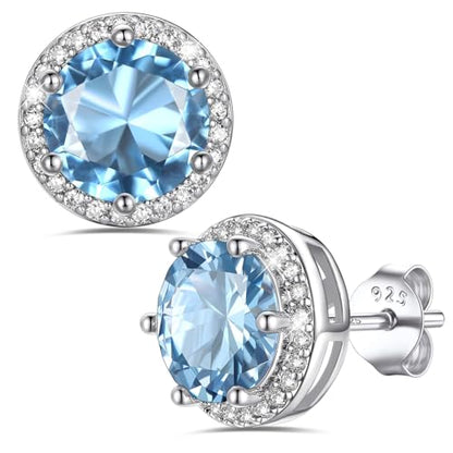 Bestyle Authentic 925 Sterling Silver 2 Carat Birthstone Earrings for Women, More Sparkle Heart/Round Solitaire Diamond Studs Earrings, Great Birthday/Christmas/Anniversary Jewelry for Wife Mother - color: 03. Mar. Aquamarine-Round