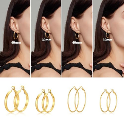 4 Pairs Silver Gold Hoop Earrings for Women | 14K Gold Plated Hoop Earrings Set Hypoallergenic Earring Lightweight Dangle Earrings Set - color: 4 Pairs Gold-(4mm Wide & Thin)