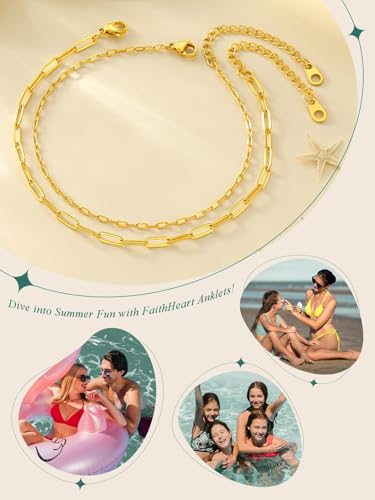 FaithHeart Waterproof Ankle Bracelets for Women, 1/2/3Pcs Non Tarnish Stainless Steel Layered Anklet Set Paperclip Figaro Cuban Link Chain Dainty Summer Beach Jewelry Gift Adjustable Size - style: e.Paperclip 2Pcs - Gold