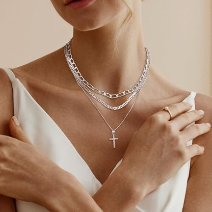 MFRYK Gold Necklaces for Women,14K Gold/Silver Plated Choker Layered Necklace Dainty Pearl Disc Cross Circle Heart Pendant Chain Stackable Necklaces, Multilayer Jewelry Set Gifts for Women - style: 3Layered Cz Cross-SL