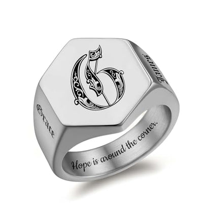 Custom Signet Ring for Men Personalized Initial Ring Custom Mens Rings Engraved Ring Customized Memorial Graduation Gifts for Father Husband Boyfriend Friends - color: Hexagon Silver