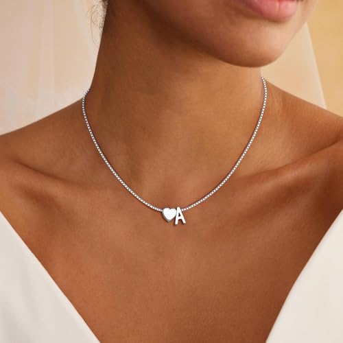 Eaciy Gold Heart Initial Necklaces for Women Teen Girl Gifts Trendy Stuff | 18K Gold Plated Letter A-Z Heart Initial Necklaces for Women Teen Girl Gifts Trendy Stuff Birthday Gifts for Girls Jewelry - color: Silver