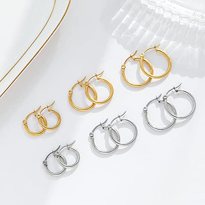 5-10 Pairs Small Gold Silver Hoop Earrings for Women, Stainless Steel Earrings Set Mens Lightweight Thin Hypoallergenic Small Hoops Set - style: 6pcs-G+S 8+10+12mm
