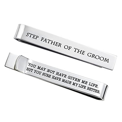 Father of the Bride and Groom Gifts - Wedding Tie Clips for Groomsmen From the Bride - Stainless Steel Tie Bars - color: Step Father of The Groom - White