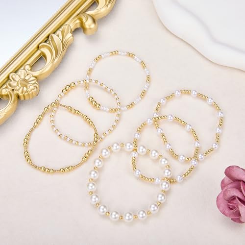 Ornaland Pearl Bracelets for Women Gold Beaded Bracelets Stackable Bracelets Set Stretch Summer Beach Jewelry for Women - style: Style A-6pcs