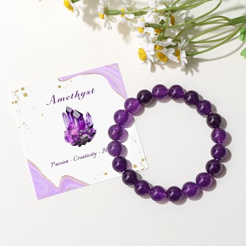 Raicegs 4 6 8MM Beaded Bracelets Healing Crystal Bracelet for Women Men Natural Stone Handmade Stretch Bracelet Reiki Spiritual Jewelry - color: Amethyst, size: 10mm