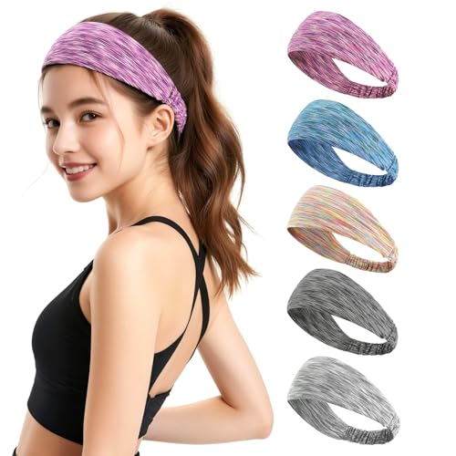 Sweat Headbands for Women - Moisture Wicking Wide Yoga Headband, Non Slip Soft Elastic Sports Headbands for Workout, Running, Gym - 5 Pack Colorful Assorted