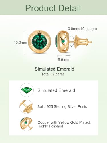 0.6-4 Carat 5A Cubic Zirconia/Simulated Emerald Sparkle Stud Earrings for Women, Hypoallergenic 925 Sterling Silver Posts, Anniversary Birthday Valentines Mothers Day Jewelry Gift - color: Simulated Emerald - Yellow Gold, size: 2.00 Carat (1.00ct * 2)