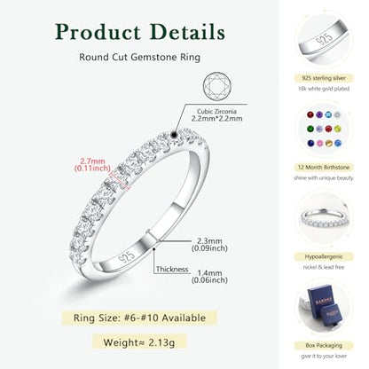 Birthstone Rings Eternity Band 925 Sterling Silver/Yellow Gold-Plated Created Gemstone Stackable Wedding Band 2.7mm Thin Half Eternity Rings for Women Size 6 to 10 - color: 04-CZ-Apr.