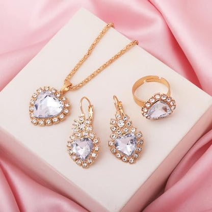4 Pcs Heart Jewelry Set for Women fashion Cubic Zirconia Pendant Necklace Bracelet Earrings Dainty Open Ring Charm Prom Party, Birthday Valentines Mothers Day Christmas Jewelry Gift - style: White