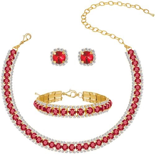 Women Rhinestone Crystal Jewelry Set Crystal Tennis Design Rhinestone Choker Necklace Link Bracelet Teardrop Earrings Set Wedding Bridal Bridesmaids Party - color: Gold Plated Red Crystal(2)