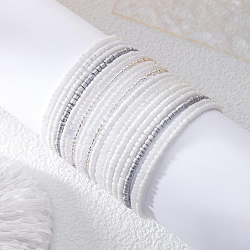 16-30Pcs Handmade Bohemian Colorful Crystal Seed Beads Stackable Adjustable Elastic Stretch Multilayerd Bracelets for Women Summer Vacation Beach Boho Bangle Jewelry - color: white