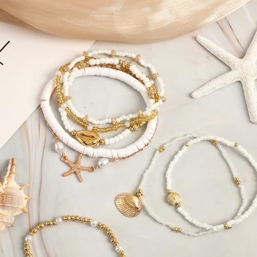 8Pcs Boho Shell Anklets Set, Adjustable Summer Beach Foot Jewelry | Handmade Seashell Starfish Ankle Bracelets for Women, Ocean Accessories for Summer Vacations, Hawaiian Trips or Pool Parties