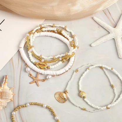 8Pcs Boho Shell Anklets Set, Adjustable Summer Beach Foot Jewelry | Handmade Seashell Starfish Ankle Bracelets for Women, Ocean Accessories for Summer Vacations, Hawaiian Trips or Pool Parties
