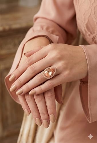 NYFASHION101 Radiant Teardrop Stone Adjustable Cocktail Statement Ring - color: Encircled Teardrop, Padparadscha/Gold-Tone