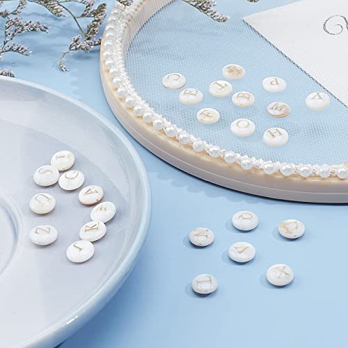PH PandaHall 52pcs Alphabet A-Z Beads, Freshwater Shell Beads 8mm Summer Seashell Bead Flat Round with Letter Initial Bead Ocean Beach Spacers for Boho Necklace Bracelet Earring Jewelry Making