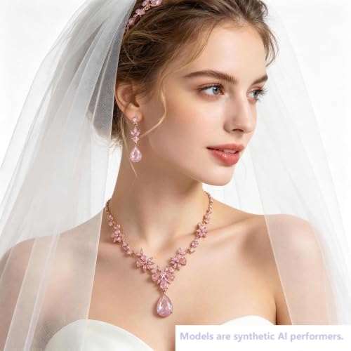 Kamirola Bridal Jewelry Set, Jewelry Set for Women, Necklace Dangle Earrings Bracelet Set, White Gold Plated (TR76) - color: Cream Pink