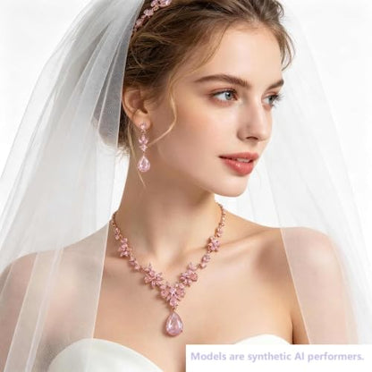 Kamirola Bridal Jewelry Set, Jewelry Set for Women, Necklace Dangle Earrings Bracelet Set, White Gold Plated (TR76) - color: Cream Pink