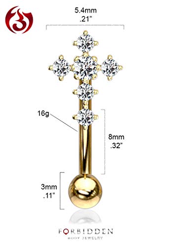 Forbidden Body Jewelry 16g 8mm Surgical Steel Curved Barbell for Daith, Eyebrow, Rook & Belly Button with CZ Cross Top - color: Gold Tone