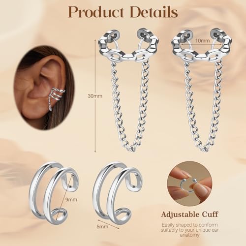 Ear Cuff Earrings for Women Non Piercing Helix Cartilage Clip on Ear Cuffs 14K Gold Plated & Sterling Silver Stainless Steel Hypoallergenic Huggie Hoop Fake Earring Set Jewelry Gift - color: K3-Silver Chain Set