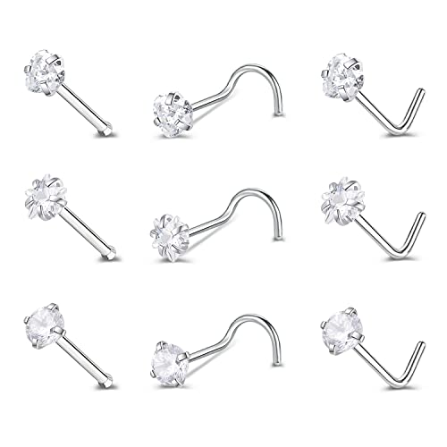ZS 20G Nose Stud Rings Set, Stainless Steel CZ Nose Piercing Jewelry | Hypoallergenic Nose Bone Rings, L Shaped & Screw Nose Studs, 3mm CZ Stone Nostril Jewelry for Women Men - color: 9pcs Mixed style(White)