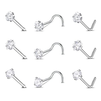 ZS 20G Nose Stud Rings Set, Stainless Steel CZ Nose Piercing Jewelry | Hypoallergenic Nose Bone Rings, L Shaped & Screw Nose Studs, 3mm CZ Stone Nostril Jewelry for Women Men - color: 9pcs Mixed style(White)