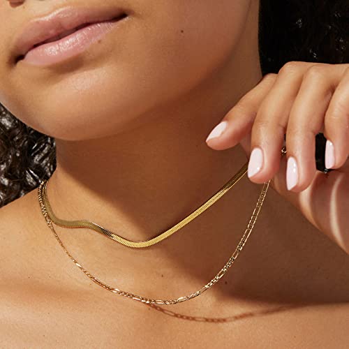 Freekiss Layered Necklace Set for Women Stackable | Herringbone Snake Cuban Rope Chain, Dainty Choker, Layered Stackable, Non Tarnish, Hypoallergenic, Adjustable 14-18.5" - color: Gold, style: Beads+Cuban+Figaro