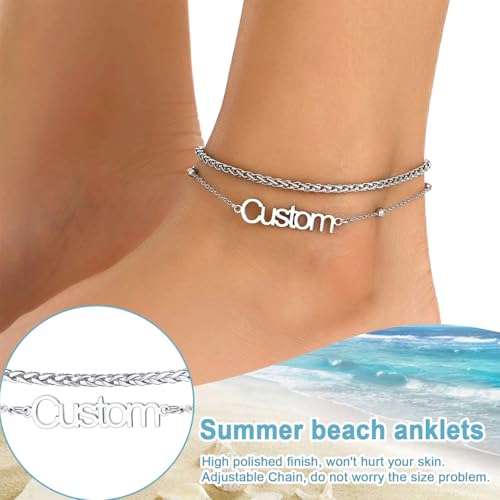 U7 Custom Layered Ankle Bracelets for Women Stainless Steel Bead/Cuban/Figaro/Rope/Wheat Chain Anklet Waterproof Anklet Jewelry for Beach Vacation - color: b-Silver-Wheat Chain