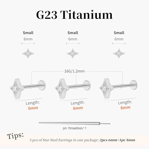 Flat Back Stud Cartilage Earrings Tragus Helix Piercing Jewelry Titanium | Conch Nose Piercing,Small Tiny Studs for Women,Threadless/Internally Threaded,Surgical Steel,Hypoallergenic,16G/18G/20G - color: Silver01-Star (6mm*2+8mm*1), size: Threadless-16G(1