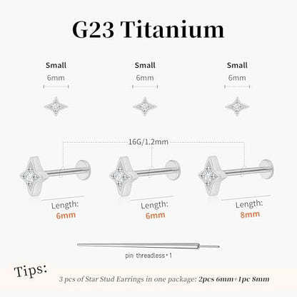 Flat Back Stud Cartilage Earrings Tragus Helix Piercing Jewelry Titanium | Conch Nose Piercing,Small Tiny Studs for Women,Threadless/Internally Threaded,Surgical Steel,Hypoallergenic,16G/18G/20G - color: Silver01-Star (6mm*2+8mm*1), size: Threadless-16G(1