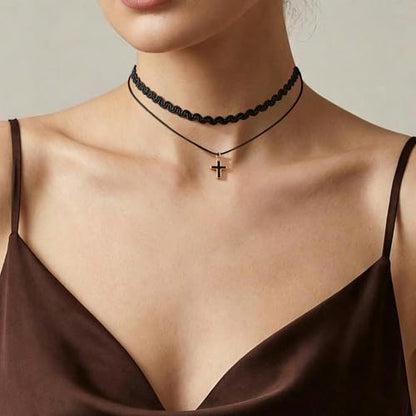 Black Necklaces for Women,Adjustable Layered Collar,Goth Jewelry - color: Double-Layer Cross