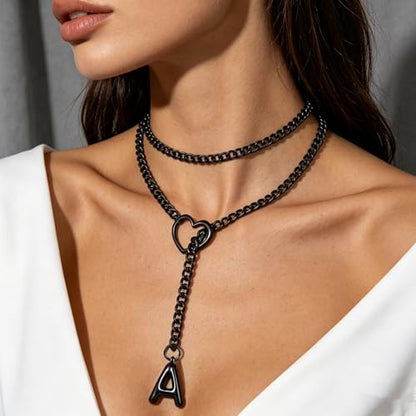 Black Heart Slip Chain Initial Necklaces for Women, Stainless Steel Wrap Choker Necklace, Gothic O-Ring Adjustable Lariat Y Necklaces, Punk Cuban Collar Choker Necklace, Halloween Jewelry Gift - color: Black A
