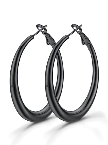 KeyStyle 5mm Thick Hoop Earring，Large Gold Hoop Earrings for Women | Stainless Steel Hoops Earring 14K Gold Plated/Silver/Black Hoop Lightweight Hypoallergenic Hollow Tube Hoop(40/60/80MM) - color: Black, size: 40mm