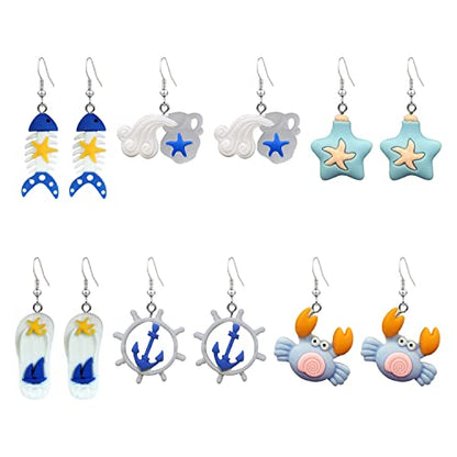 6 Pairs Irregular Ocean Nautical Anchor Rudder Earrings Personality Earthen Jar/Starfish/Fishbone Drop Dangle Earrings Jewelry Gifts For Women