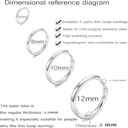 316L Surgical Stainless Steel Huggie Hoop Earrings 6mm 8mm 10mm 11mm 12mm 14mm Hypoallergenic Earrings Hoop Cartilage Helix Lobes Hinged Sleeper Earrings For Men Women - style: G02:4Pairs Silver(6mm/8mm/10mm/12mm)18G