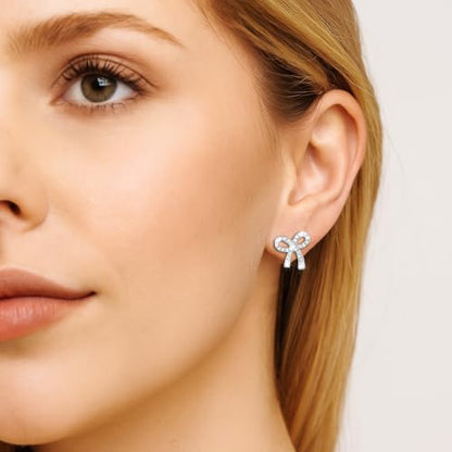 Gold Bow Earrings for Women, Long Tassel Chain Drop Earrings, Trendy Small Bow Earrings, Ribbon Waterfall Dangling Earrings, Pearl Bow Earrings, Sparkly Elegant Bowknot Preppy Jewelry Gifts for Women - color: Bow Silver-I