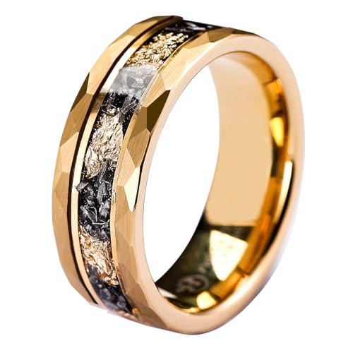 Mens Tungsten Carbide Wedding Bands 8mm Black Hammered Edge Gold Foil Inly Durable Scratch Proof Stainless Steel Cool Promise Ring for Him Comfort Fit - color: Gold-8mm